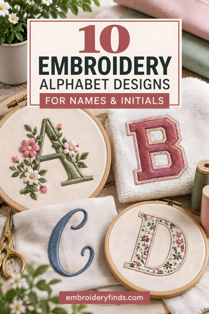 Embroidery alphabet designs featuring decorative letters A, B, C, and D with floral and block styles