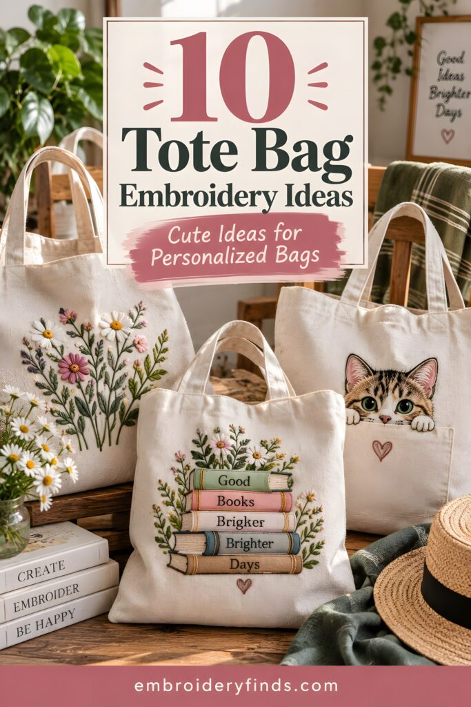 Tote bag embroidery with floral, book, and cat designs on plain canvas totes