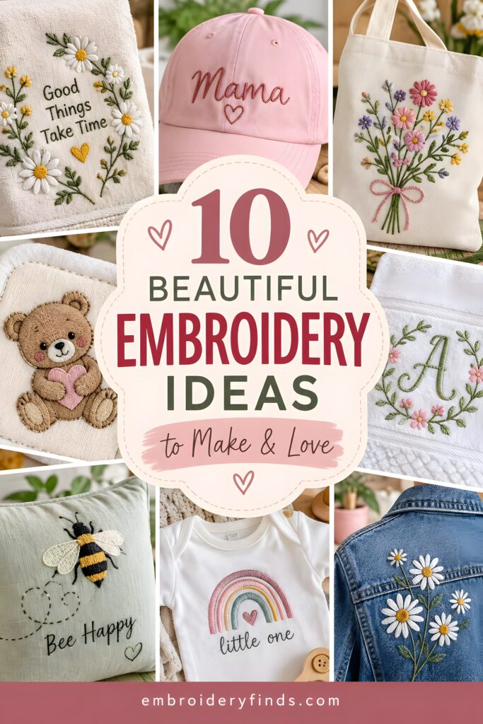 Wildflower embroidery designs on various items including tote bags, caps, and clothing showcasing different floral