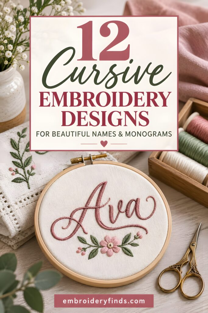 Cursive embroidery design spelling Ava with floral accents in embroidery hoop alongside sewing tools