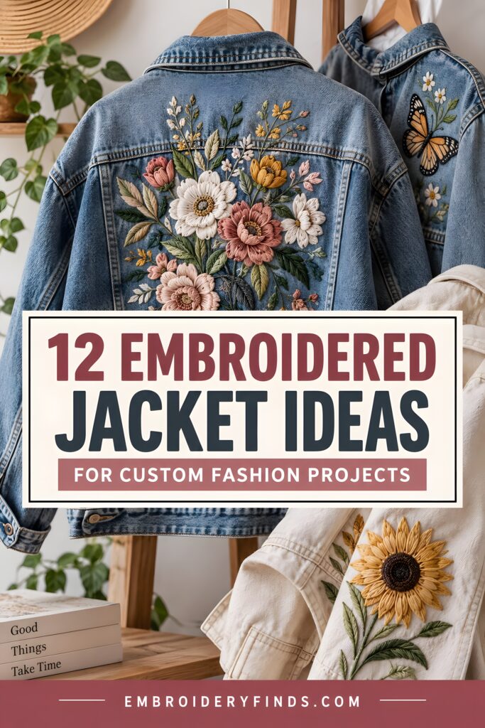 Denim jackets with large floral and butterfly embroidered jacket designs on back and shoulder