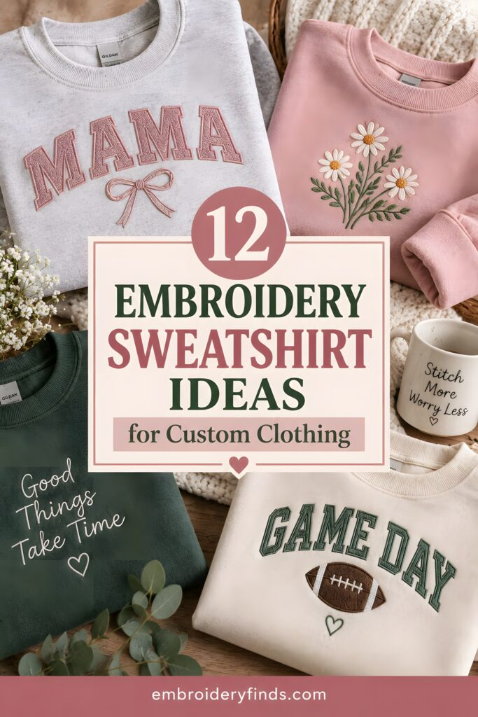 Embroidered sweatshirts with designs including MAMA lettering, daisies, Good Things Take Time — embroidery sweatshirt ideas