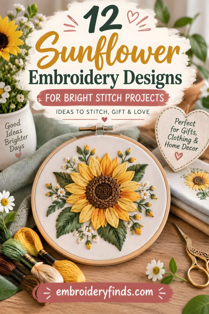 Sunflower embroidery design in hoop with yellow petals and green leaves surrounded by embroidery threads and scissors