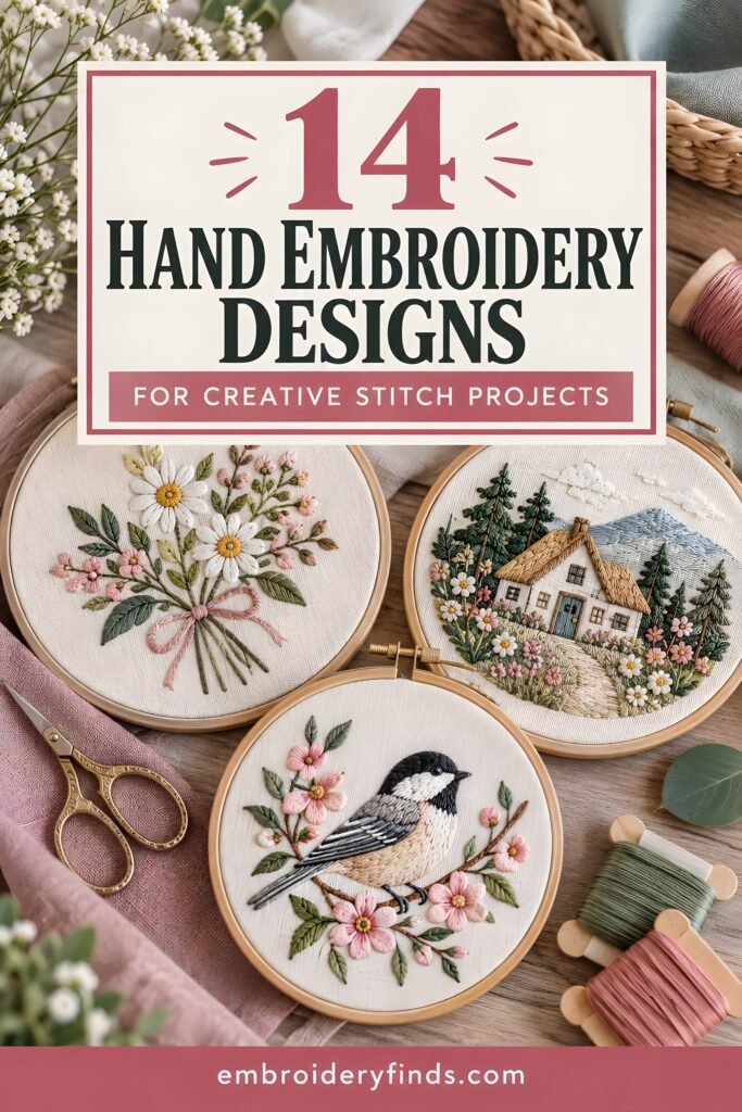 Hand embroidery designs including floral bouquet, bird with flowers, and cottage scene in embroidery hoops
