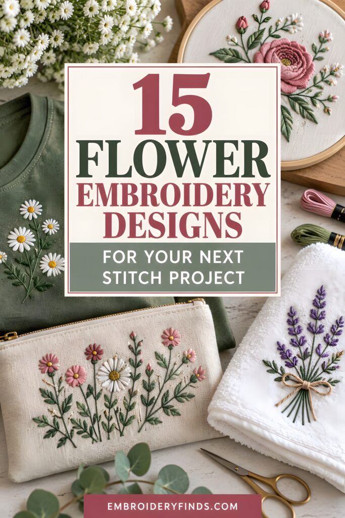Flower embroidery designs including daisies, roses, and lavender stitched on fabric items like a pouch, towel, and hoop