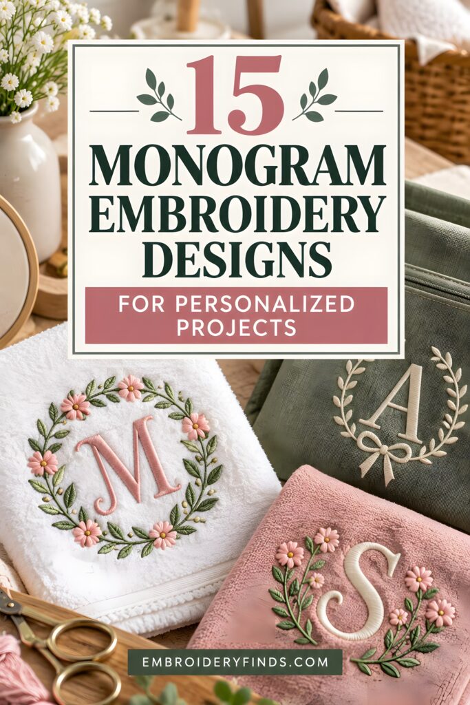 Monogram embroidery designs featuring floral and laurel wreath frames with letters M, A, and S on towels and fabric