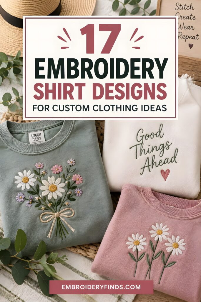 Embroidered shirts with floral and text designs showcasing embroidery shirt ideas for custom clothing