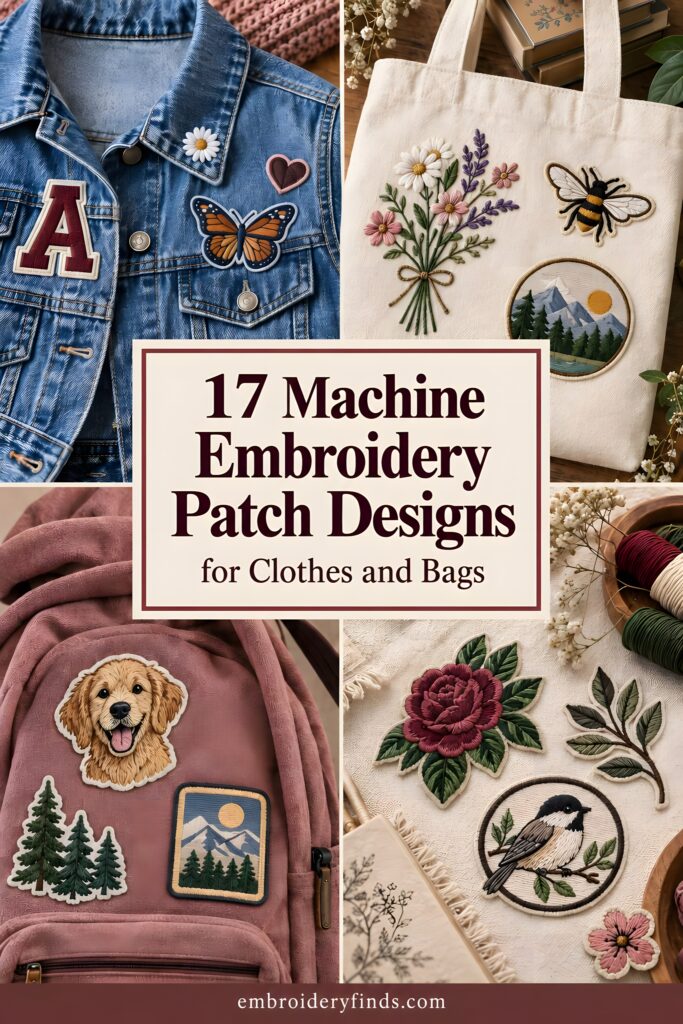 Machine embroidery patch designs on denim jacket, tote bag, and backpack featuring animals, flowers, and outdoor motifs