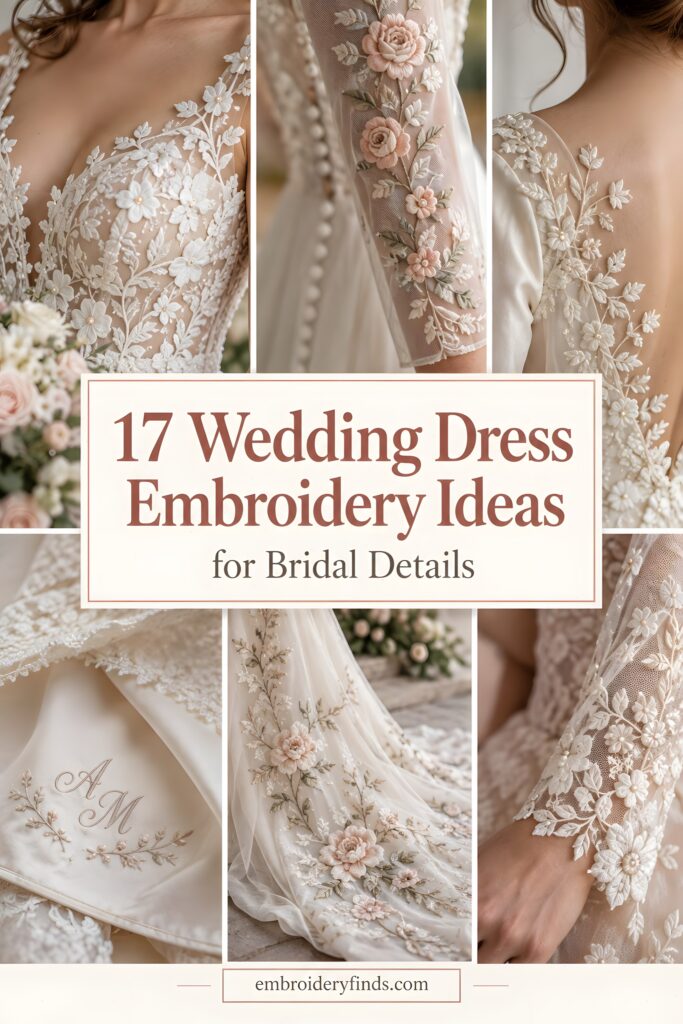 Wedding dress embroidery featuring floral and monogram details on sleeves, bodice, skirt, and cuffs