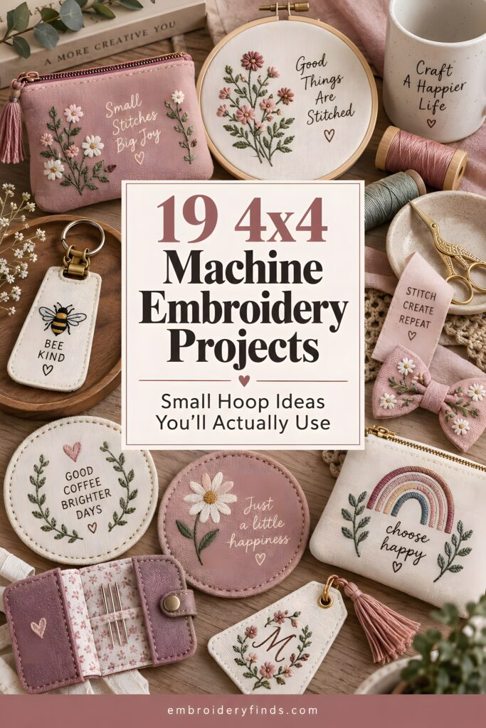 4x4 machine embroidery projects including zipper pouches, key fobs, coasters, and accessories with floral and inspirational