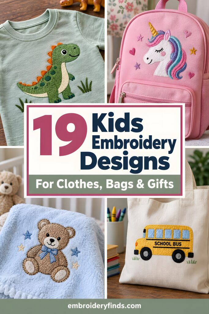 Kids embroidery designs including dinosaur on shirt, unicorn on backpack, teddy bear on blanket, and school bus on tote bag