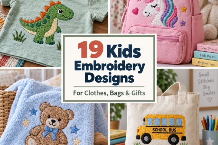 Kids embroidery designs including a dinosaur on a green shirt, a unicorn on a pink backpack, a teddy bear on a blue blanket