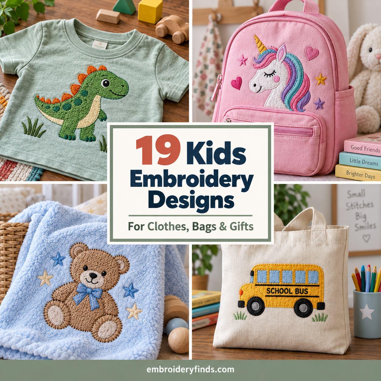 Kids embroidery designs including a dinosaur on a green shirt, a unicorn on a pink backpack, a teddy bear on a blue blanket