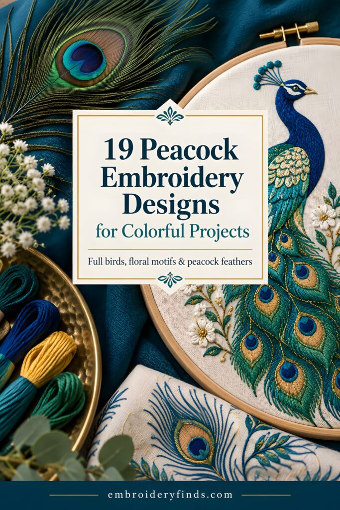 Colorful peacock embroidery design in hoop with threads and peacock feather