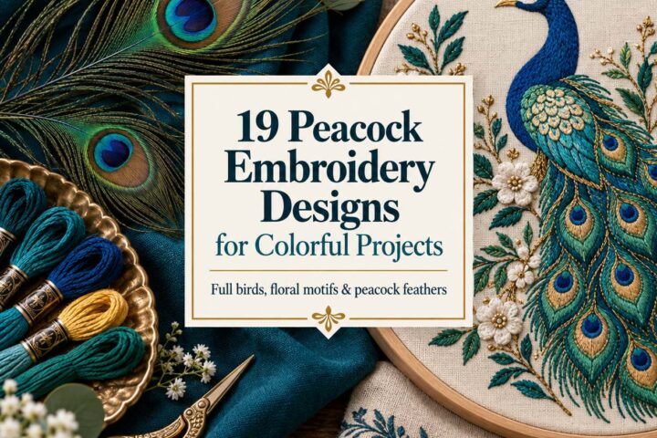 Peacock embroidery design in a hoop surrounded by embroidery threads, scissors, and peacock feathers