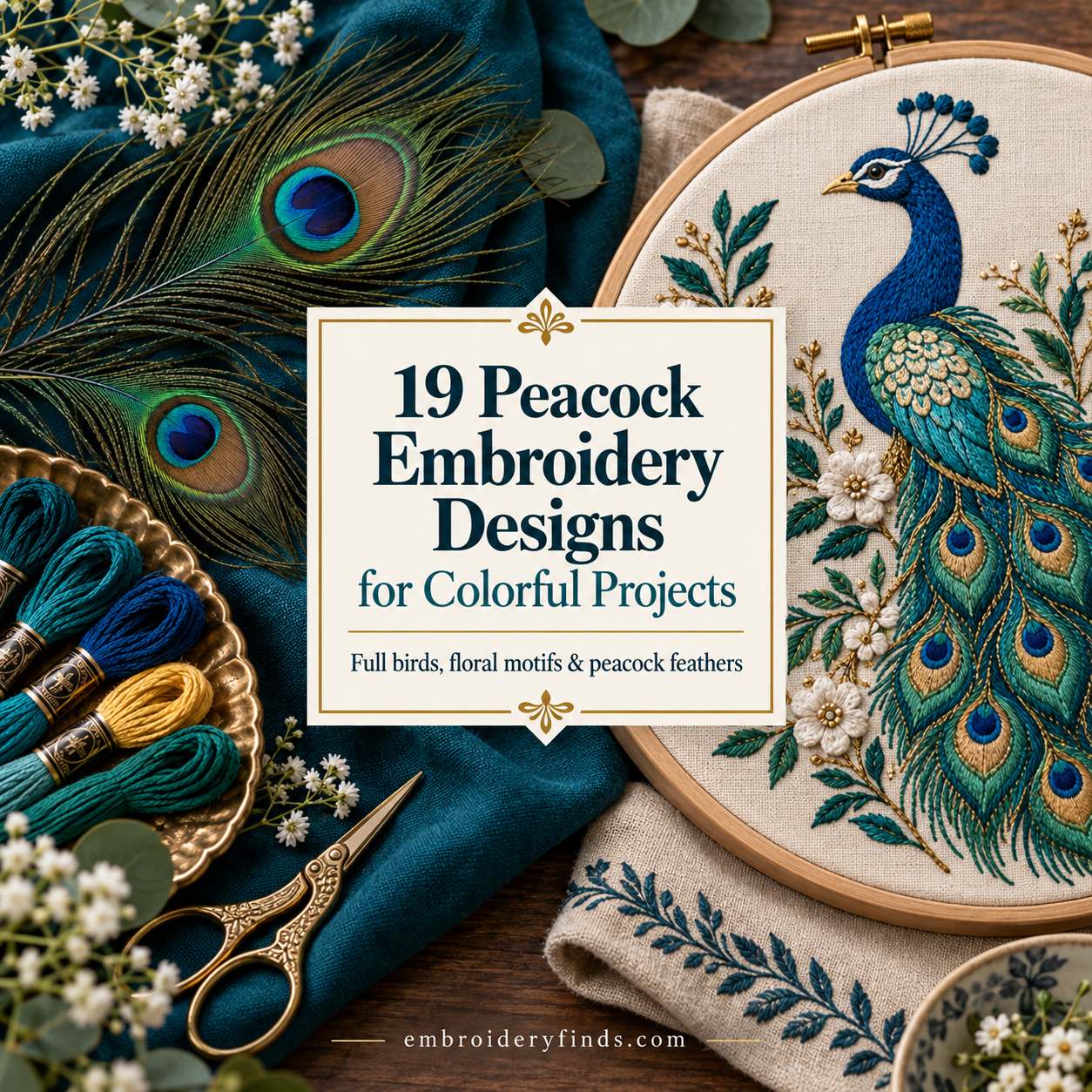 Peacock embroidery design in a hoop surrounded by embroidery threads, scissors, and peacock feathers