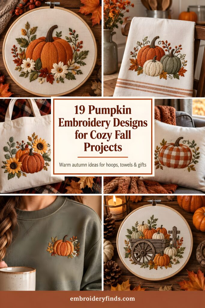 Pumpkin embroidery designs featuring single and grouped pumpkins with florals, sunflowers, and farmhouse motifs on hoops