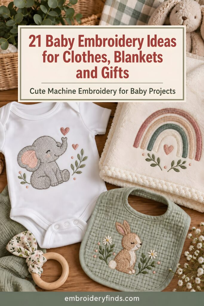 Baby embroidery ideas for clothes featuring an embroidered elephant on a white onesie, a rainbow on a blanket, and a bunny