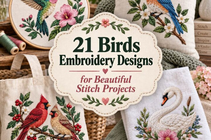 bird embroidery designs featuring colorful hummingbird, bluebird, cardinals, and swan on fabric items with floral accents