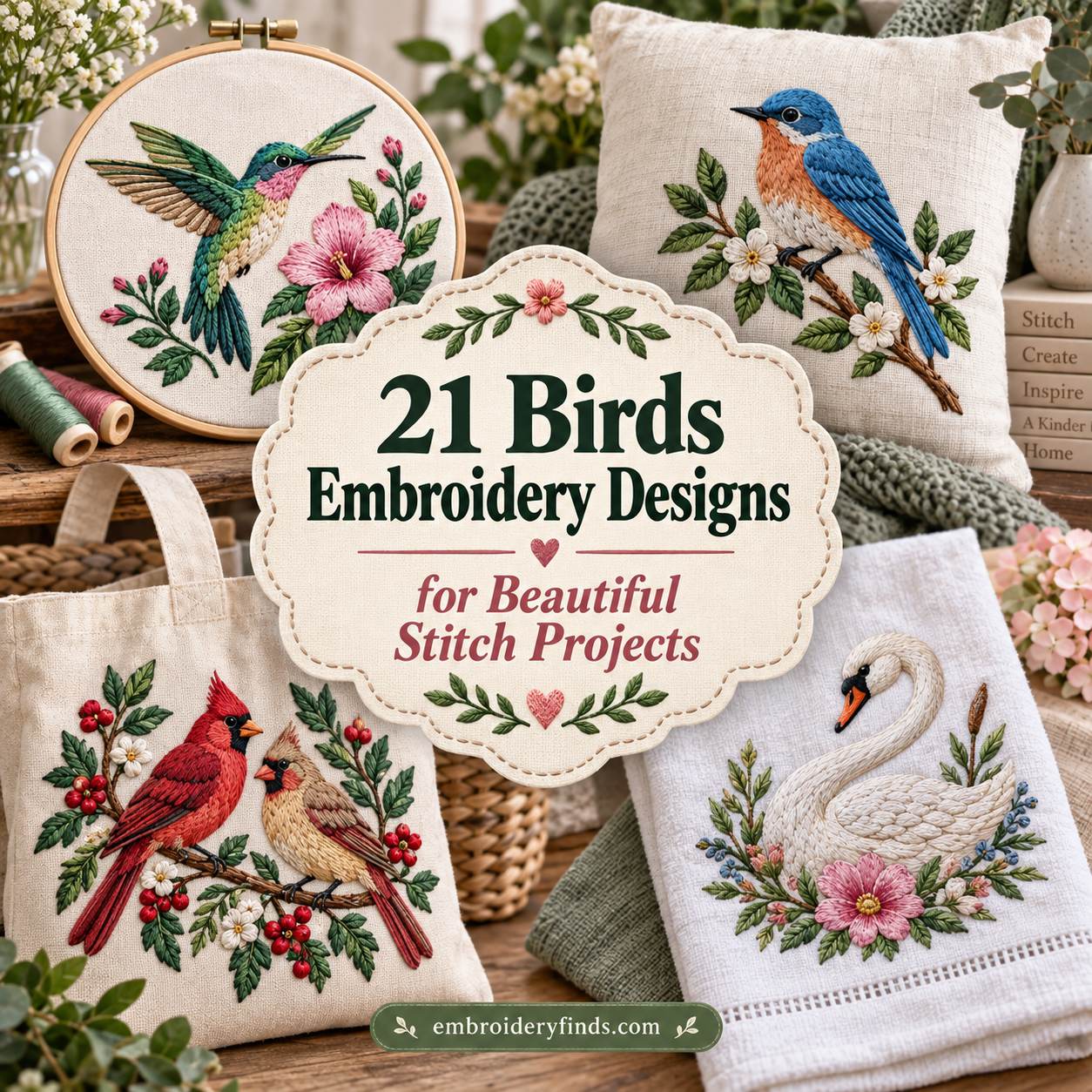 bird embroidery designs featuring colorful hummingbird, bluebird, cardinals, and swan on fabric items with floral accents