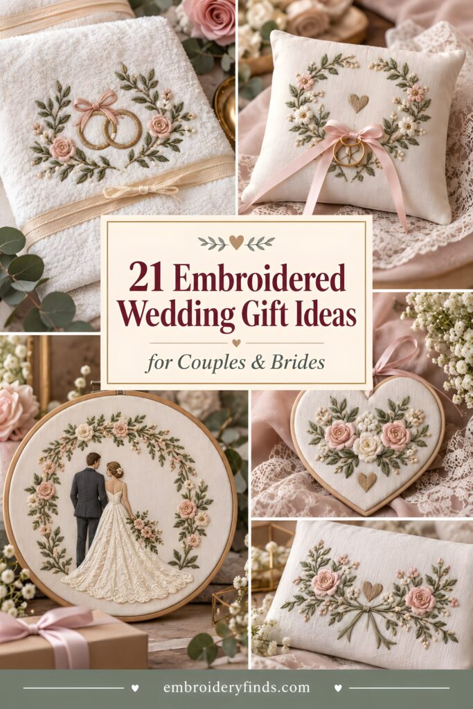 Embroidered wedding gift ideas including floral wreaths, rings, and couple motifs on linens and pillows