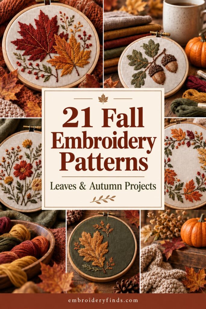 Fall embroidery patterns featuring leaves, acorns, and autumn floral designs in embroidery hoops