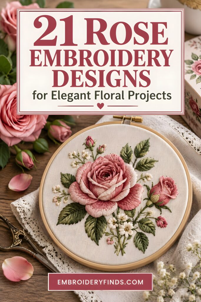 Rose embroidery designs featuring a detailed pink rose with green leaves and small white flowers in an embroidery hoop