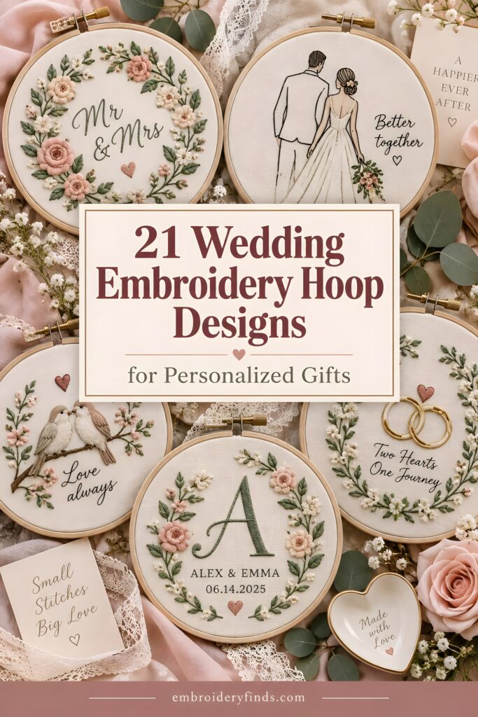 Wedding embroidery hoop designs featuring personalized names, initials, floral details, and romantic motifs