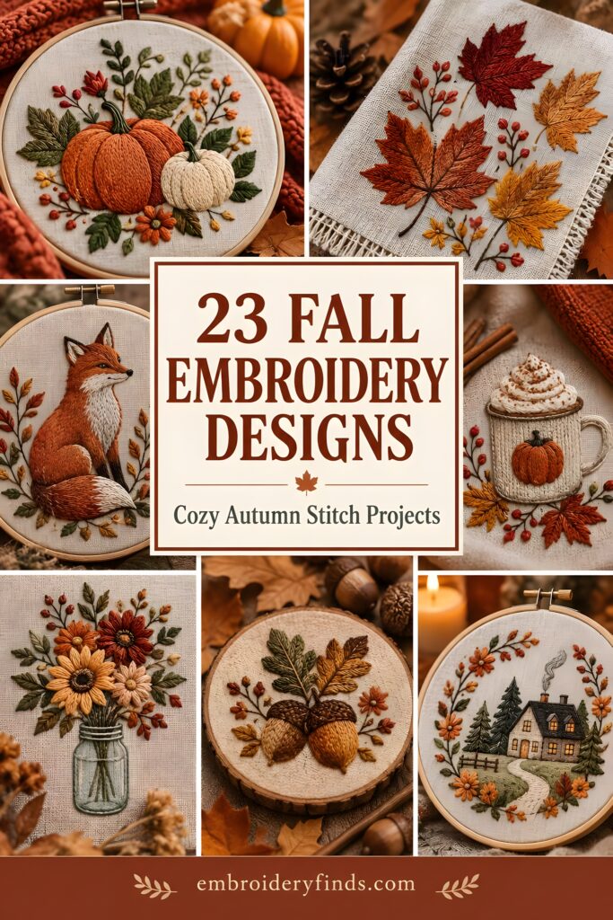 Fall embroidery designs featuring pumpkins, leaves, fox, coffee mug, sunflowers, acorns, and autumn house scenes