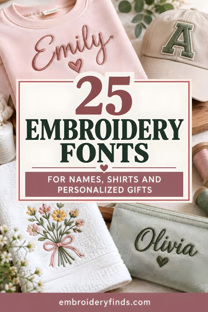 Embroidery fonts used for names on sweatshirt, towel, cap, and pouch showing different styles of personalized lettering
