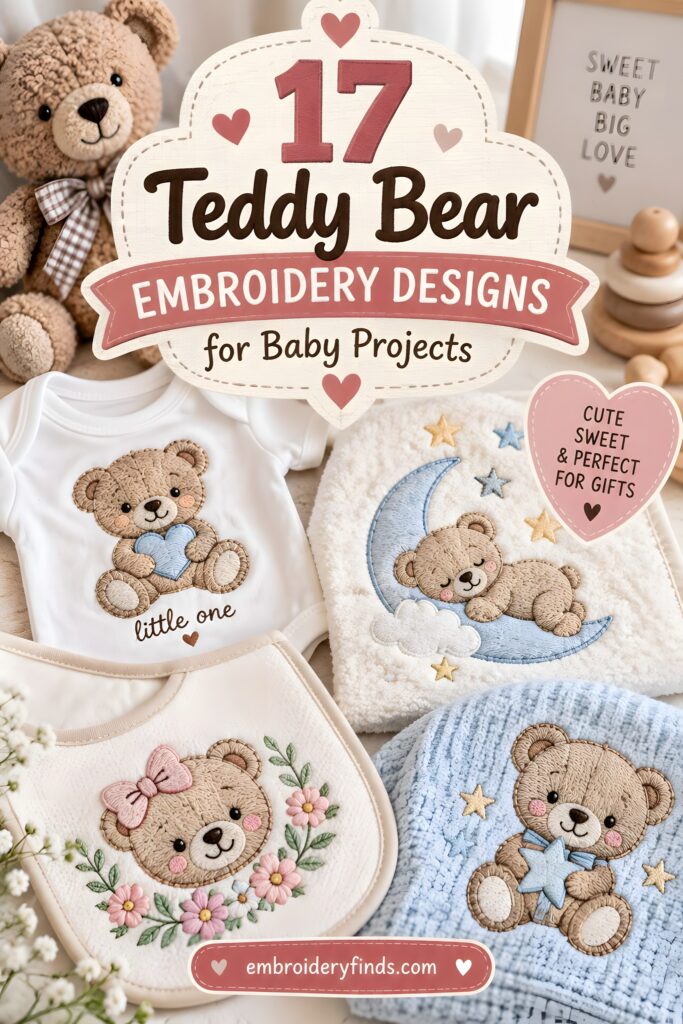 Teddy bear embroidery designs on baby bibs, blankets, and clothes featuring playful and floral motifs