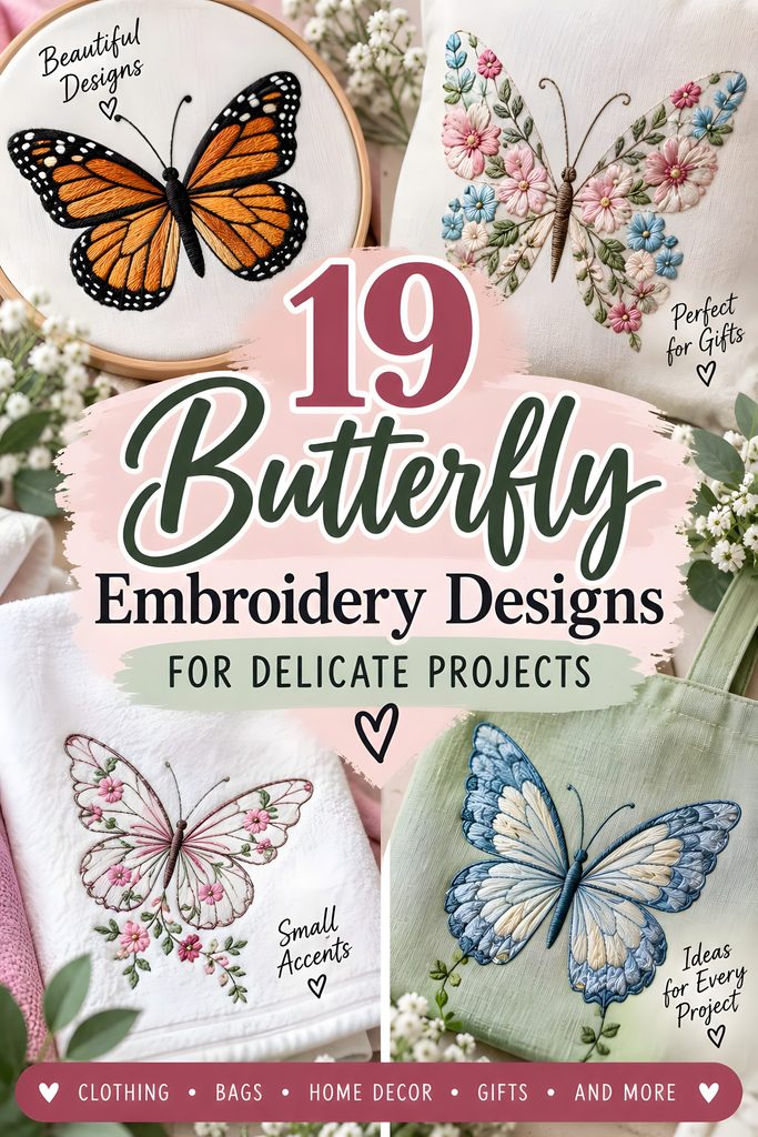 Butterfly embroidery designs including monarch, floral, and delicate line-art styles on fabric for delicate projects