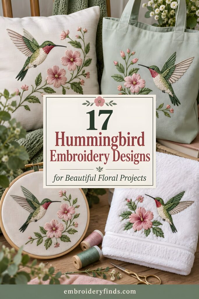 Hummingbird embroidery designs featuring birds and pink flowers on pillow, tote bag, towel, and embroidery hoop