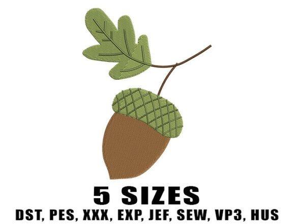 fall embroidery designs featuring a green acorn and leaf motif in five sizes