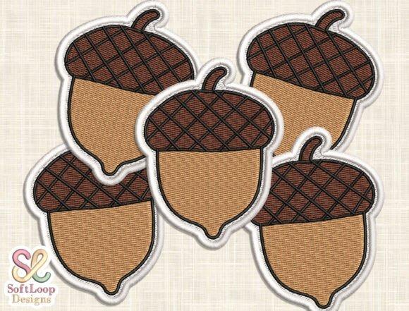 Machine embroidery patch designs of acorns with textured caps and satin-style outlines