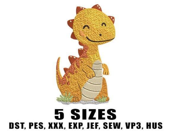 kids embroidery designs of a bright yellow cartoon dinosaur in five sizes for children's projects