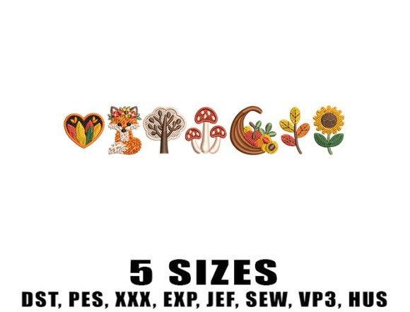 fall embroidery designs featuring a fox, tree, mushrooms, cornucopia, leaves, and sunflower in a narrow horizontal layout