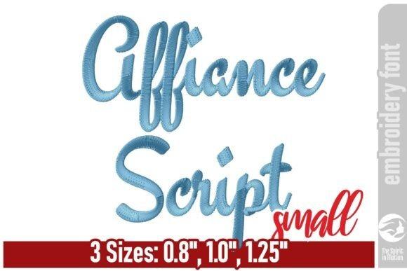 Affiance Script cursive embroidery font in blue with three size options 0.8, 1.0, 1.25 inches