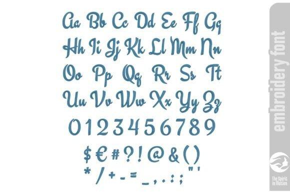 Affiance Script cursive embroidery font showing uppercase, lowercase letters, numbers, and symbols in blue