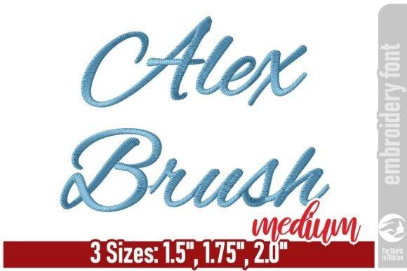 Alex Brush cursive embroidery lettering in medium blue thread with sizes 1.5, 1.75, and 2.0 inches