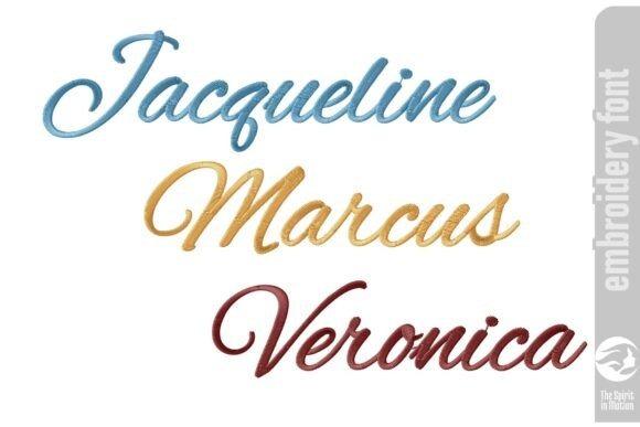 Three names embroidered in cursive embroidery style in blue, gold, and burgundy threads