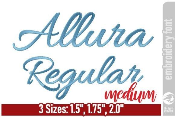 Cursive embroidery design showing Allura Regular Medium font in blue thread with sizes 1.5, 1.75, and 2.0 inches