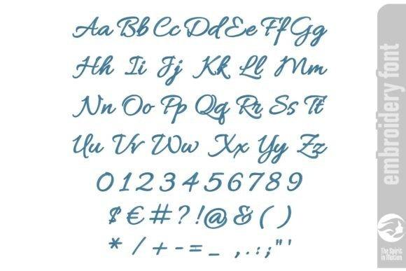 Allura Script cursive embroidery alphabet with sweeping capitals and clean lowercase letters