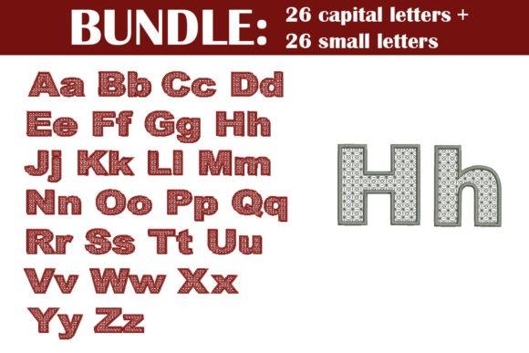 Embroidery alphabet designs showing 26 capital and 26 small letters in a compact style with decorative stitching