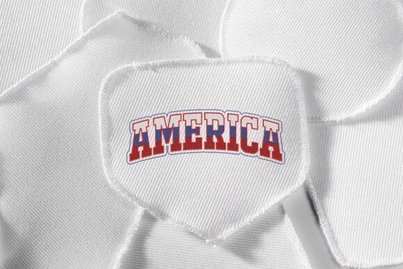 Machine embroidery patch with America word in bold collegiate-style lettering with red, white, and blue accents