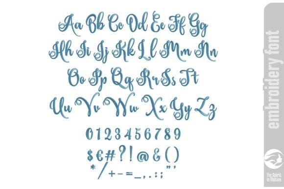 Ornate cursive embroidery alphabet and symbols in Ardilla Script font style for elegant cursive embroidery