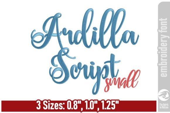 Ardilla Script cursive embroidery font sample showing elegant flowing curves in blue thread