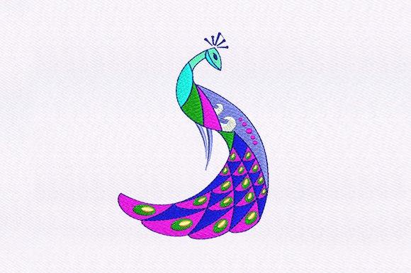 Art Deco Peacock Embroidery with geometric shapes and vibrant colors in peacock embroidery style