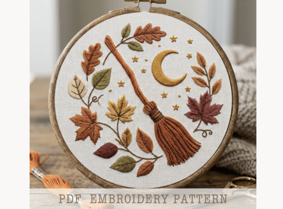 Fall embroidery patterns featuring autumn leaves, a crescent moon, and a broom in a hoop