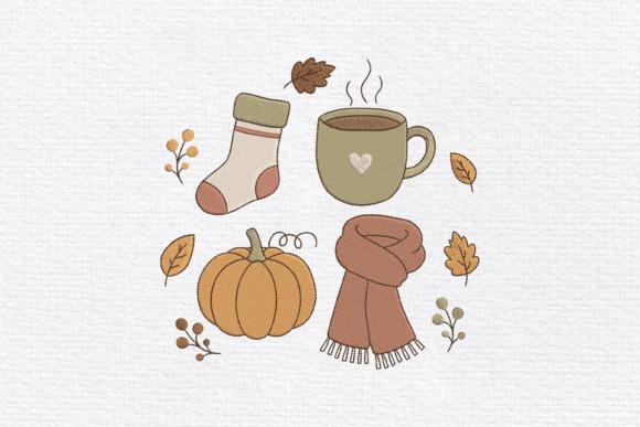 Fall embroidery designs featuring a coffee cup, pumpkin, scarf, sock, and autumn leaves in cozy style